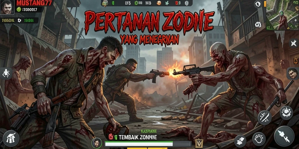 Screenshot antarmuka permainan MUSTANG77 saat bertempur melawan zombie.