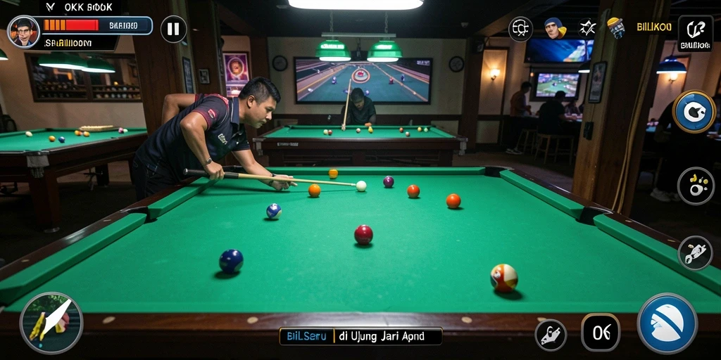 Antarmuka menawan game Billiard OKJK dengan opsi permainan beragam.